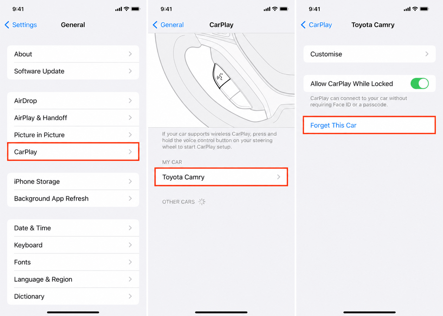 CarPlay settings screen showing Forget this Car option