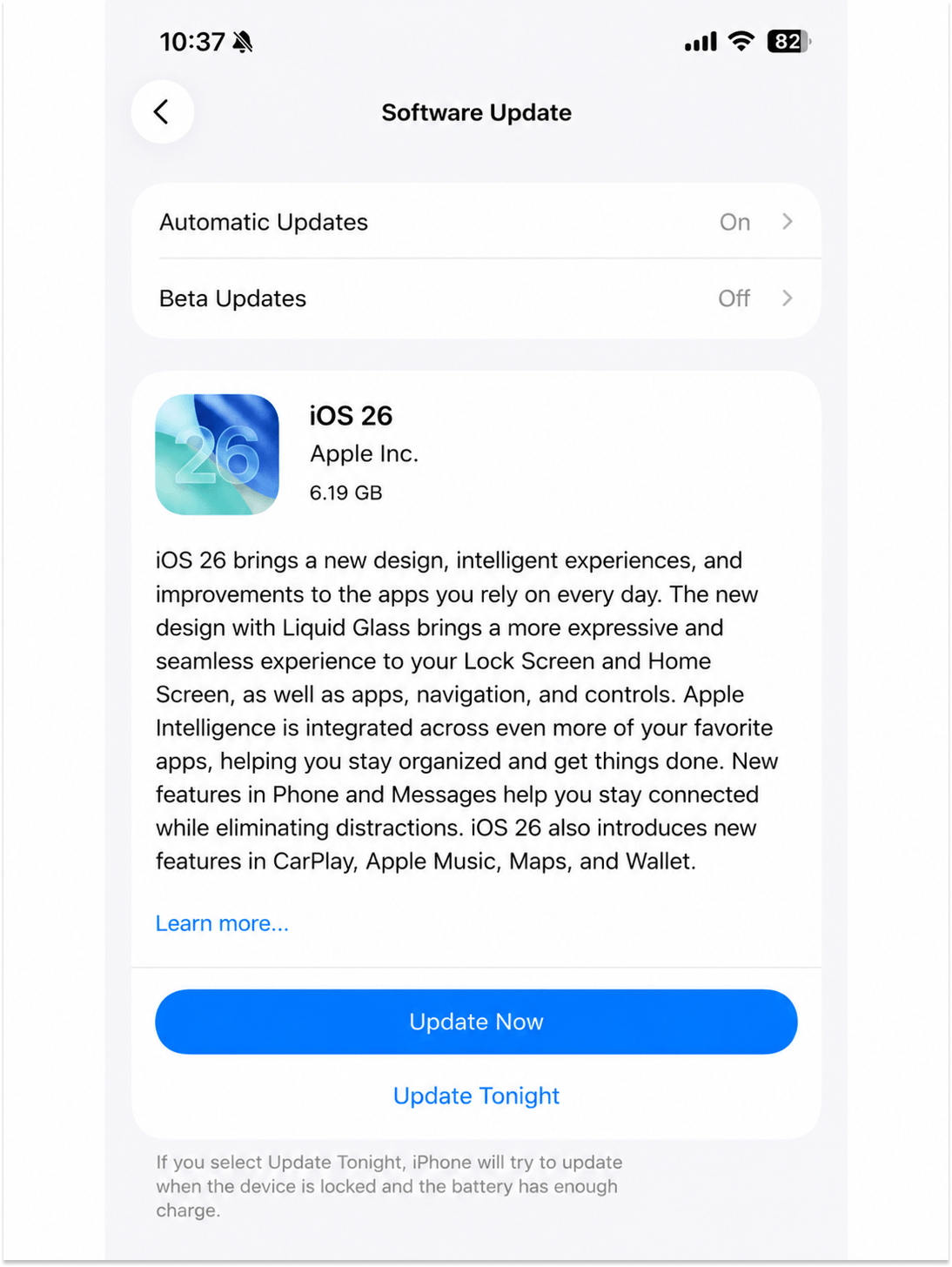iOS 26 software update screen on iPhone
