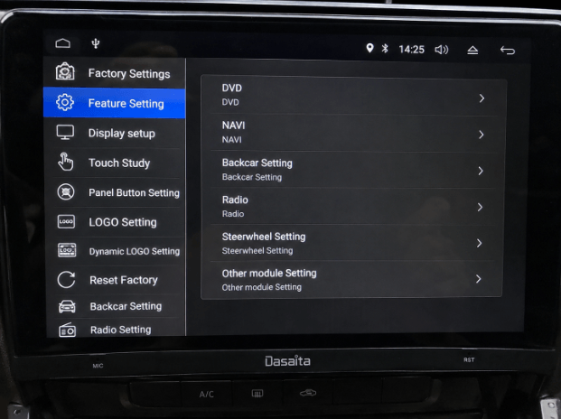 Factory settings menu on Dasaita G12 head unit